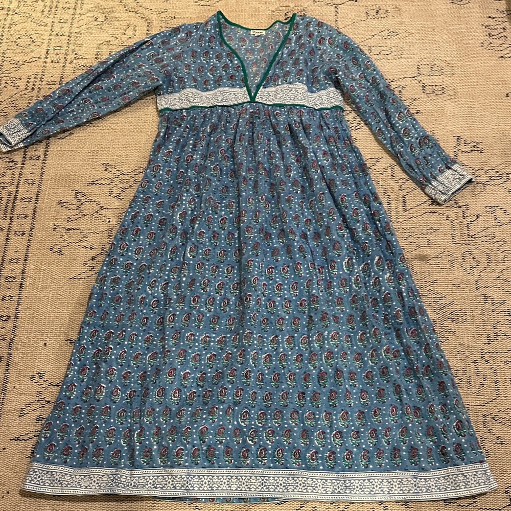 Karni Blue Floral V-Neck Women’s Swim Coverup Dress. Indian block print.